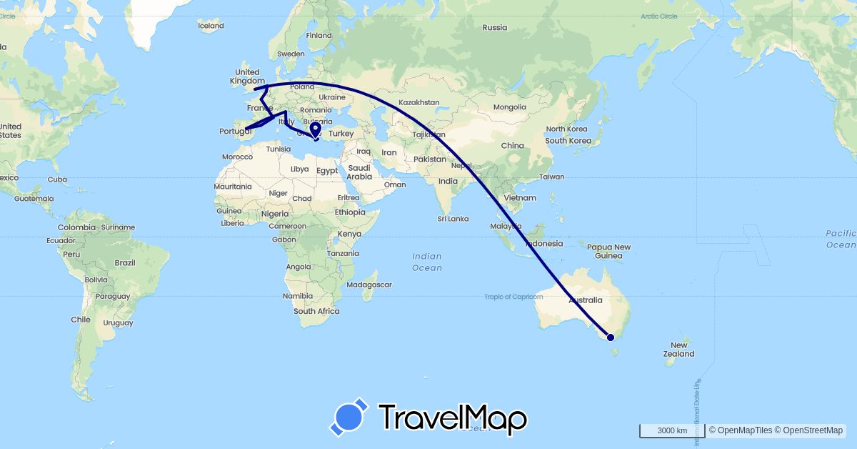 TravelMap itinerary: driving in Australia, Belgium, Spain, France, United Kingdom, Greece, Italy, Netherlands (Europe, Oceania)