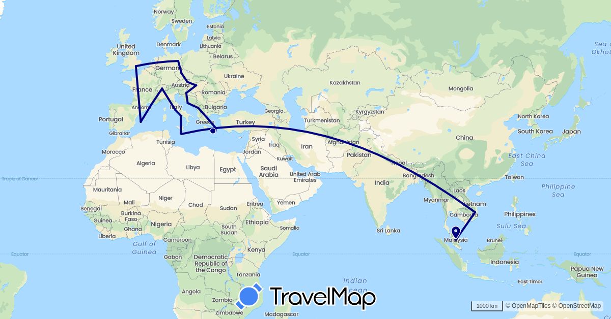 TravelMap itinerary: driving in Albania, Austria, Switzerland, Czech Republic, Germany, Spain, United Kingdom, Greece, Croatia, Hungary, Italy, Malta, Malaysia, Vietnam (Asia, Europe)