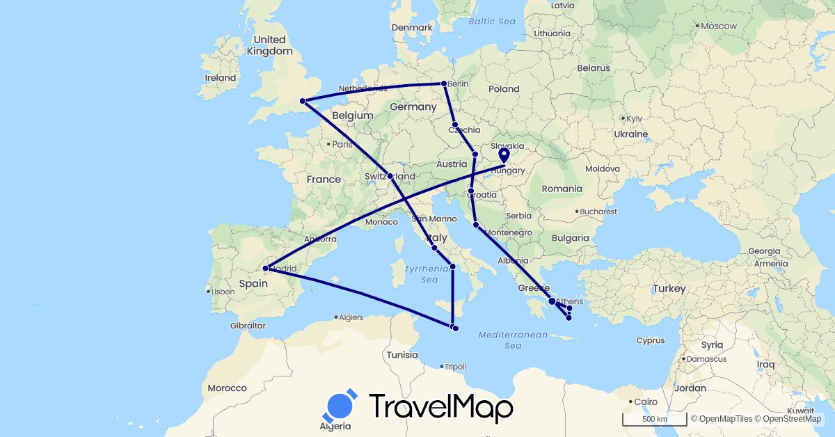 TravelMap itinerary: driving in Austria, Switzerland, Czech Republic, Germany, Spain, United Kingdom, Greece, Croatia, Hungary, Italy, Malta (Europe)